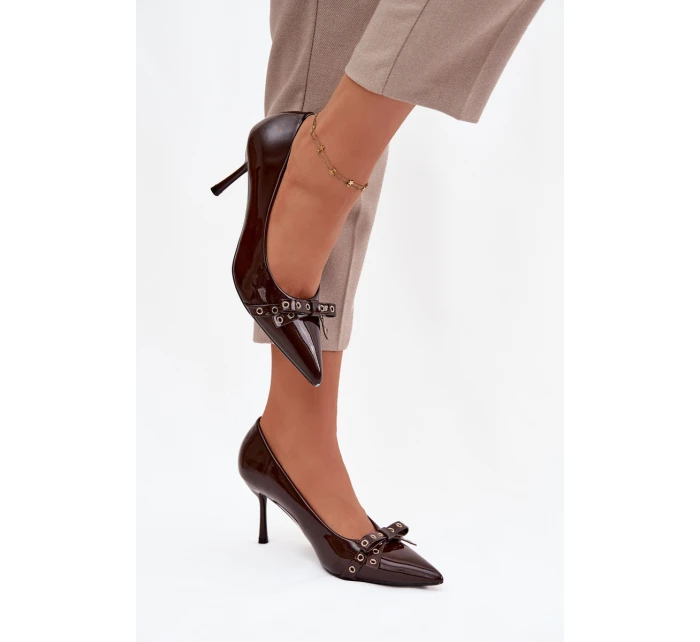 Lakované lodičky s mašľou Janisse - čokoláda