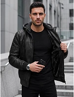 Pánska kožená zateplená bunda s kapucňou, čierna, FashionStreet TX5141