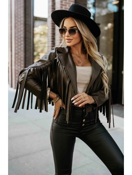 model 21371205 Krátká bunda s třásněmi z měkké ekokůže čokoládová - numoco basic model 21371205 Krátká bunda s třásněmi z měkké ekokůže čokoládová - numoco basic