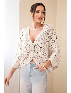 Dámsky letný čipkovaný sveter s gombíkmi a dlhými rukávmi čierny