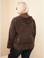 Dámská plus size manšestrová mikina s kapucí a zipem oversize hnědá