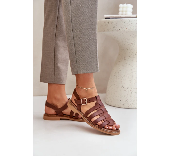 Skórzane Sandały Na Płaskim Obcasie Zazoo 3686 Brązowe Skórzane Sandały Na Płaskim Obcasie Zazoo 3686 Brązowe