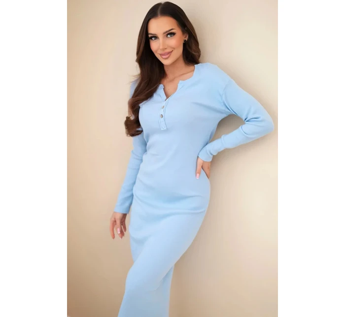 Dámská bavlněná šaty s dlouhým rukávem a knoflíkovým výstřihem modrá