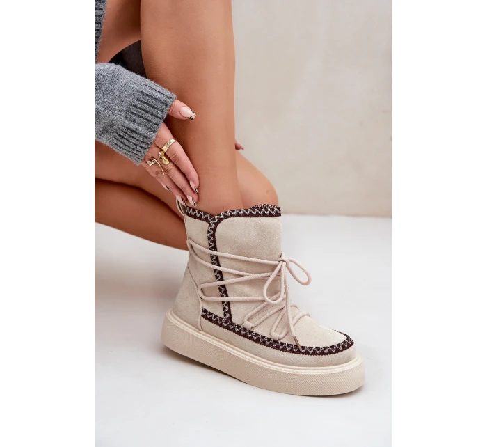 Śniegowce Damskie Z Haftem Na Platformie Jasnobeżowe Naleris