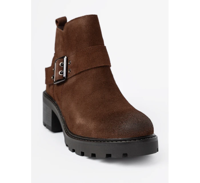 Designové  kotníčkové boty dámské hnědé na širokém podpatku
