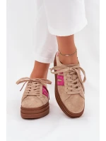 Sneakersy Damskie Na Platformie Z Naturalnego Zamszu Beżowo-Różowe Eldira