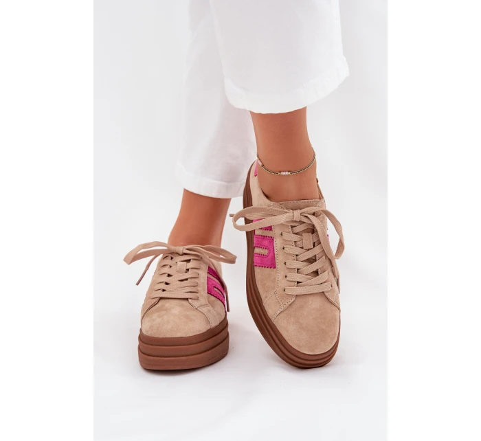 Sneakersy Damskie Na Platformie Z Naturalnego Zamszu Beżowo-Różowe Eldira