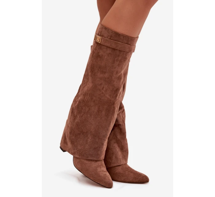 Kozačky Eko semišové podpatek sloupek na zip vyhřívané vytočená lýtka tmavě béžové Evyra Kozačky Eko semišové podpatek sloupek na zip vyhřívané vytočená lýtka tmavě béžové Evyra