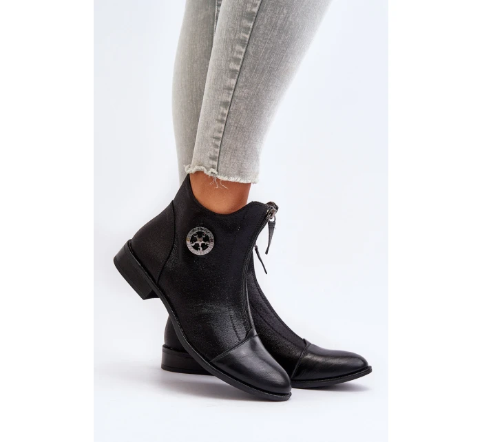 Damskie Botki Na Płaskim Obcasie Z Zamkiem Czarne Loratie Damskie Botki Na Płaskim Obcasie Z Zamkiem Czarne Loratie