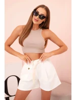 Dámské šortky s vysokým pasem a páskem ecru
