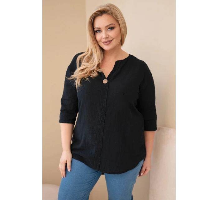 Dámská bavlněná halenka Plus Size s výstřihem na knoflíky černá