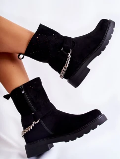 Ażurowe Wiosenne Botki Na Suwak Z Łańcuchem Czarne Chantelle