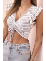 Dámska pruhovaná blúzka s volánikmi a volánikmi sivá