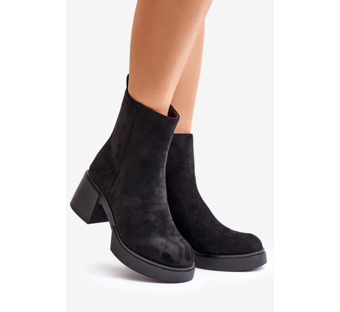 Eko Zamszowe Damskie Botki Na Słupku Ocieplane Czarne Meriluna