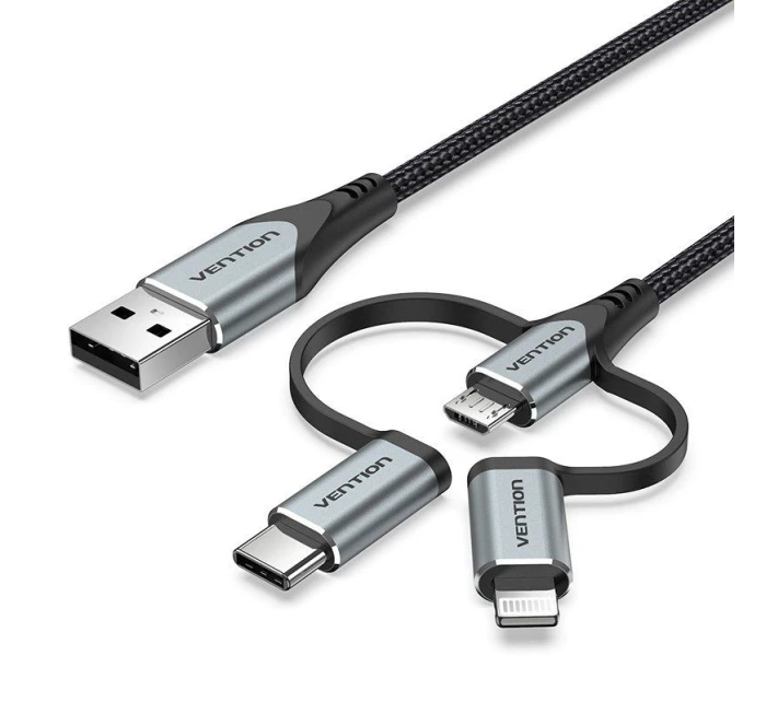 Vention USB-A 3v1 Micro-B USB-C Lightning kábel 1 m sivý