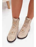 Zateplené dámské kotníkové boty na nízkém podpatku s ozdobnými květinami zlaté model 21711109 - Boto