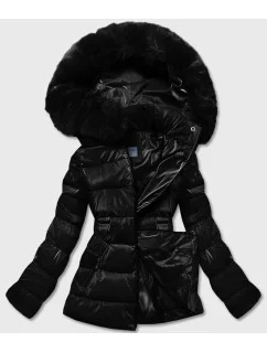 Čierna krátka lesklá dámska bunda (B8090-1)