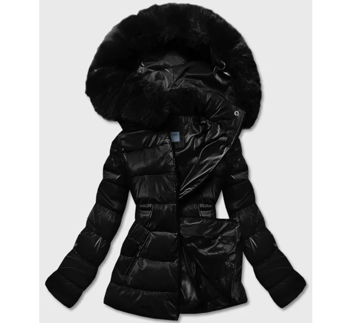 Čierna krátka lesklá dámska bunda (B8090-1)