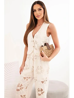 Dámsky bavlnený komplet s vyšívanou vestou a nohavicami béžovej farby