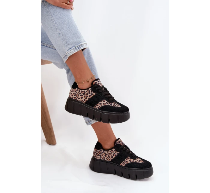 Semišové zateplené dámské tenisky na masivní platformě model 21707648 Panterka Černé - VINCEZA