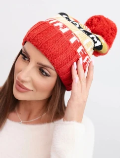 Dámska zimná čiapka s vlnou a nápisom s veľkou bambulou K422 malinová