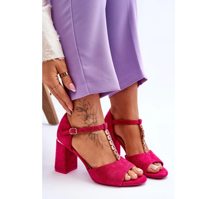 Zamszowe Sandały Na Obcasie Z Cyrkoniami Fuksja Aniya