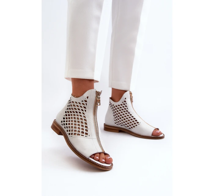 Zazoo 977/L Skórzane Ażurowe Sandały Na Zamek Białe