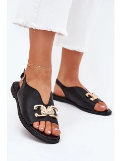 Sandały Damskie Na Płaskim Obcasie Ze Złotą Ozdobą Czarne Amelira