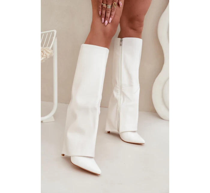 Ocieplane Kozaki Na Szpilce Z Wywiniętą Cholewką Białe Tamonia Ocieplane Kozaki Na Szpilce Z Wywiniętą Cholewką Białe Tamonia