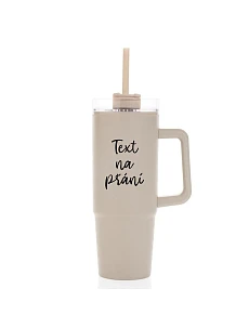 TEXT NA PŘÁNÍ - béžový cestovní termohrnek s průhledným víčkem 900 ml