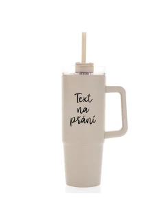TEXT NA PŘÁNÍ - béžový cestovní termohrnek s průhledným víčkem 900 ml