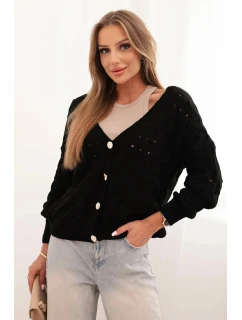 Dámsky sveter s výstrihom do V a zlatými gombíkmi čierny