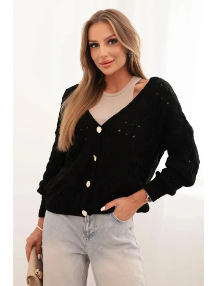 Dámsky sveter s výstrihom do V a zlatými gombíkmi čierny