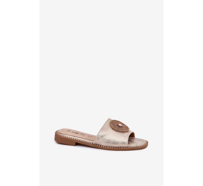 Klapki Damskie Na Płaskim Obcasie Z Ozdobą S.Barski KV51-013 Złote Klapki Damskie Na Płaskim Obcasie Z Ozdobą S.Barski KV51-013 Złote