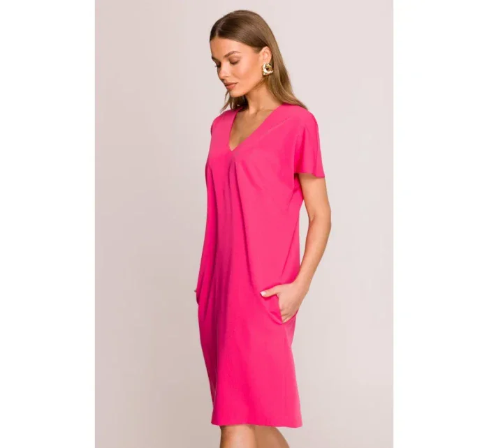 model 20966038 Šaty uvolněného střihu s výstřihem do V růžové - STYLOVE