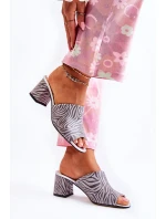 Skórzane Damskie Klapki Na Obcasie Zebra Szare Nessita