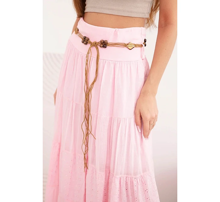 Dámska maxi bavlnená sukňa s čipkovou výšivkou a elastickým pásom candy pink