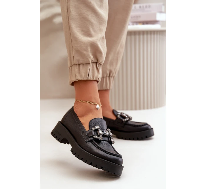 Damskie Skórzane Mokasyny Z Ozdobą CheBello 4369 Czarne