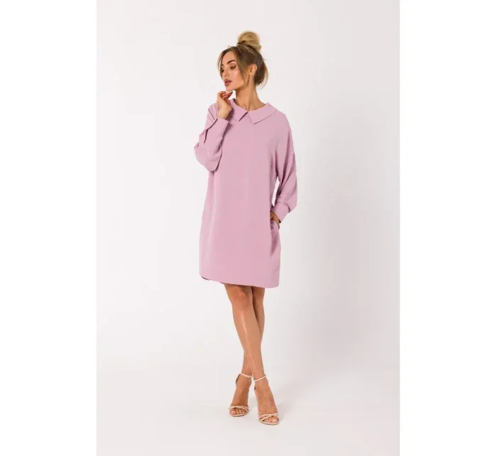 M740 Košeľové šaty s ozdobným golierom - krepové ružové M740 Košeľové šaty s ozdobným golierom - krepové ružové