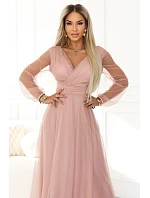 Dlouhé maxi šaty s rukávy a obálkovým výstřihem pudrově růžové model 22046066 - numoco basic