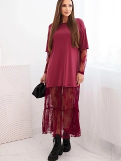 Dámske šaty s tylovou spodnou časťou a rukávmi bordovej farby