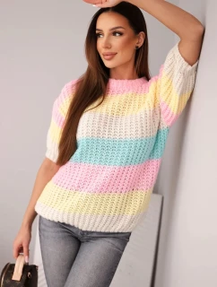 Dámsky sveter s krátkym rukávom z farebnej čipky s pruhmi, svetlo ružový