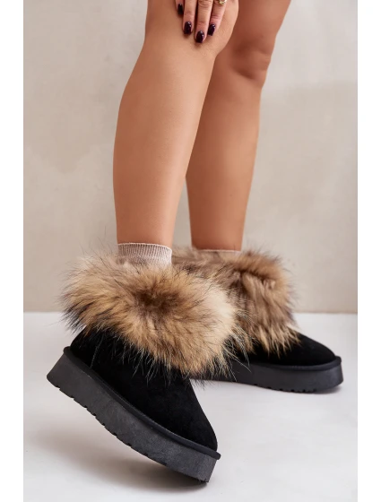 Skórzane Śniegowce Na Platformie Z Futerkiem Czarne Avirisa