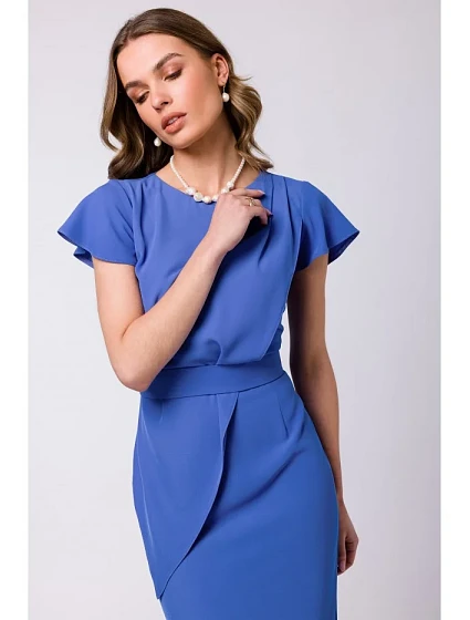 model 18360208 Plášťové šaty s páskem modré - STYLOVE model 18360208 Plášťové šaty s páskem modré - STYLOVE