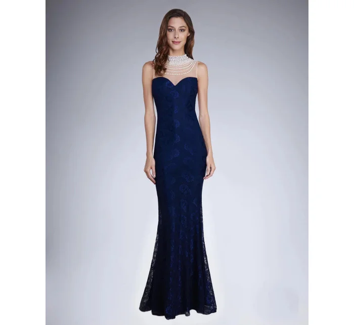 Dámske spoločenské šaty šoky soka s čipkou a perličkami dlhé tmavo modré - Tmavo modrá / XL - šoky & soka Dámske spoločenské šaty šoky soka s čipkou a perličkami dlhé tmavo modré - Tmavo modrá / XL - šoky & soka