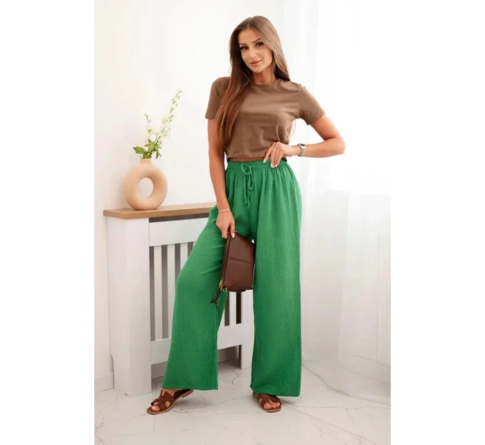 Mušelínové nohavice so širokými nohavicami zelenej farby