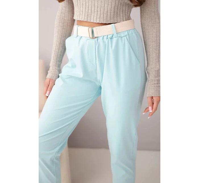 Dámske bavlnené nohavice s opaskom a ohrnutou nohavicou mätou