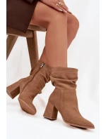 Kozačky z přírodního nubuku vyhřívané na podpatku s mačkáním Zazoo 4216 béžové