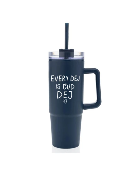 EVERY DEJ IS GUD DEJ - tmavě modrý cestovní hrnek s průhledným víčkem 900 ml