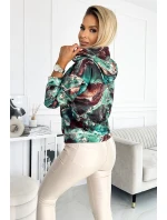 Dámska mikina s tyrkysovo-hnedým mramorovým vzorom as kapucňou 390-2